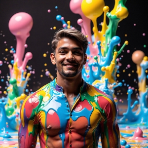 Paint Splat Fun - AI Photos of Hot men having fun with body paint. AI-generated abstract art featuring beautiful, handsome, sexy, shirtless, men, boys, lads, full of excitement joy and fun, covered in body paint, dynamic, interactive, Combining elements of realism with surreal abstract qualities, showcasing the potential of AI, in artistic expression. Photos of guys, just smiling, happy, and having a good time. Most of them are smiling because a paint bomb just blow up next to them, so I'm calling is Abstract Art. When paint attacks and makes people happy, it's Art!