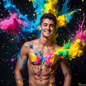 Paint Splat Fun - AI Photos of Hot men having fun with body paint. AI-generated abstract art featuring beautiful, handsome, sexy, shirtless, men, boys, lads, full of excitement joy and fun, covered in body paint, dynamic, interactive, Combining elements of realism with surreal abstract qualities, showcasing the potential of AI, in artistic expression. Photos of guys, just smiling, happy, and having a good time. Most of them are smiling because a paint bomb just blow up next to them, so I'm calling is Abstract Art. When paint attacks and makes people happy, it's Art!