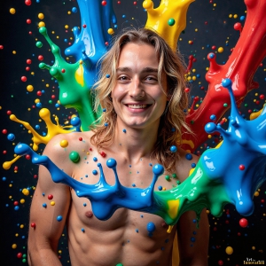 Paint Splat Fun - AI Photos of Hot men having fun with body paint. AI-generated abstract art featuring beautiful, handsome, sexy, shirtless, men, boys, lads, full of excitement joy and fun, covered in body paint, dynamic, interactive, Combining elements of realism with surreal abstract qualities, showcasing the potential of AI, in artistic expression. Photos of guys, just smiling, happy, and having a good time. Most of them are smiling because a paint bomb just blow up next to them, so I'm calling is Abstract Art. When paint attacks and makes people happy, it's Art!