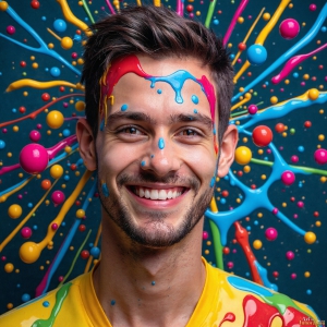 Paint Splat Fun - AI Photos of Hot men having fun with body paint. AI-generated abstract art featuring beautiful, handsome, sexy, shirtless, men, boys, lads, full of excitement joy and fun, covered in body paint, dynamic, interactive, Combining elements of realism with surreal abstract qualities, showcasing the potential of AI, in artistic expression. Photos of guys, just smiling, happy, and having a good time. Most of them are smiling because a paint bomb just blow up next to them, so I'm calling is Abstract Art. When paint attacks and makes people happy, it's Art!