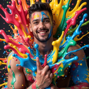 Paint Splat Fun - AI Photos of Hot men having fun with body paint. AI-generated abstract art featuring beautiful, handsome, sexy, shirtless, men, boys, lads, full of excitement joy and fun, covered in body paint, dynamic, interactive, Combining elements of realism with surreal abstract qualities, showcasing the potential of AI, in artistic expression. Photos of guys, just smiling, happy, and having a good time. Most of them are smiling because a paint bomb just blow up next to them, so I'm calling is Abstract Art. When paint attacks and makes people happy, it's Art!