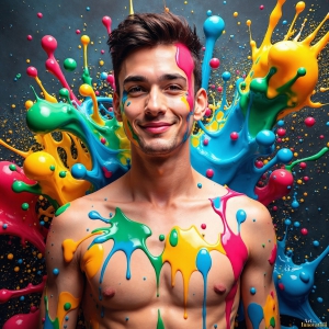 Paint Splat Fun - AI Photos of Hot men having fun with body paint. AI-generated abstract art featuring beautiful, handsome, sexy, shirtless, men, boys, lads, full of excitement joy and fun, covered in body paint, dynamic, interactive, Combining elements of realism with surreal abstract qualities, showcasing the potential of AI, in artistic expression. Photos of guys, just smiling, happy, and having a good time. Most of them are smiling because a paint bomb just blow up next to them, so I'm calling is Abstract Art. When paint attacks and makes people happy, it's Art!