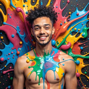 Paint Splat Fun - AI Photos of Hot men having fun with body paint. AI-generated abstract art featuring beautiful, handsome, sexy, shirtless, men, boys, lads, full of excitement joy and fun, covered in body paint, dynamic, interactive, Combining elements of realism with surreal abstract qualities, showcasing the potential of AI, in artistic expression. Photos of guys, just smiling, happy, and having a good time. Most of them are smiling because a paint bomb just blow up next to them, so I'm calling is Abstract Art. When paint attacks and makes people happy, it's Art!