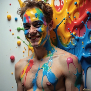 Paint Splat Fun - AI Photos of Hot men having fun with body paint. AI-generated abstract art featuring beautiful, handsome, sexy, shirtless, men, boys, lads, full of excitement joy and fun, covered in body paint, dynamic, interactive, Combining elements of realism with surreal abstract qualities, showcasing the potential of AI, in artistic expression. Photos of guys, just smiling, happy, and having a good time. Most of them are smiling because a paint bomb just blow up next to them, so I'm calling is Abstract Art. When paint attacks and makes people happy, it's Art!