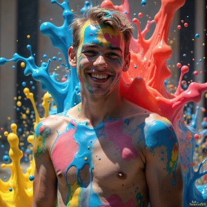 Paint Splat Fun - AI Photos of Hot men having fun with body paint. AI-generated abstract art featuring beautiful, handsome, sexy, shirtless, men, boys, lads, full of excitement joy and fun, covered in body paint, dynamic, interactive, Combining elements of realism with surreal abstract qualities, showcasing the potential of AI, in artistic expression. Photos of guys, just smiling, happy, and having a good time. Most of them are smiling because a paint bomb just blow up next to them, so I'm calling is Abstract Art. When paint attacks and makes people happy, it's Art!