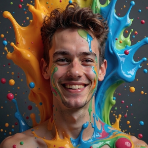 Paint Splat Fun - AI Photos of Hot men having fun with body paint. AI-generated abstract art featuring beautiful, handsome, sexy, shirtless, men, boys, lads, full of excitement joy and fun, covered in body paint, dynamic, interactive, Combining elements of realism with surreal abstract qualities, showcasing the potential of AI, in artistic expression. Photos of guys, just smiling, happy, and having a good time. Most of them are smiling because a paint bomb just blow up next to them, so I'm calling is Abstract Art. When paint attacks and makes people happy, it's Art!