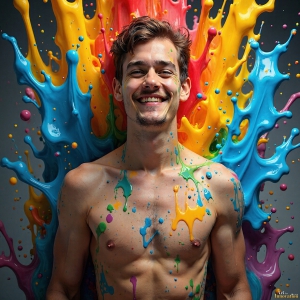 Paint Splat Fun - AI Photos of Hot men having fun with body paint. AI-generated abstract art featuring beautiful, handsome, sexy, shirtless, men, boys, lads, full of excitement joy and fun, covered in body paint, dynamic, interactive, Combining elements of realism with surreal abstract qualities, showcasing the potential of AI, in artistic expression. Photos of guys, just smiling, happy, and having a good time. Most of them are smiling because a paint bomb just blow up next to them, so I'm calling is Abstract Art. When paint attacks and makes people happy, it's Art!