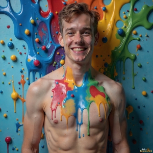 Paint Splat Fun - AI Photos of Hot men having fun with body paint. AI-generated abstract art featuring beautiful, handsome, sexy, shirtless, men, boys, lads, full of excitement joy and fun, covered in body paint, dynamic, interactive, Combining elements of realism with surreal abstract qualities, showcasing the potential of AI, in artistic expression. Photos of guys, just smiling, happy, and having a good time. Most of them are smiling because a paint bomb just blow up next to them, so I'm calling is Abstract Art. When paint attacks and makes people happy, it's Art!