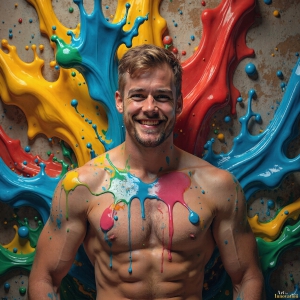 Paint Splat Fun - AI Photos of Hot men having fun with body paint. AI-generated abstract art featuring beautiful, handsome, sexy, shirtless, men, boys, lads, full of excitement joy and fun, covered in body paint, dynamic, interactive, Combining elements of realism with surreal abstract qualities, showcasing the potential of AI, in artistic expression. Photos of guys, just smiling, happy, and having a good time. Most of them are smiling because a paint bomb just blow up next to them, so I'm calling is Abstract Art. When paint attacks and makes people happy, it's Art!