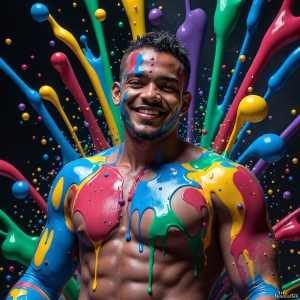 Paint Splat Fun - AI Photos of Hot men having fun with body paint. AI-generated abstract art featuring beautiful, handsome, sexy, shirtless, men, boys, lads, full of excitement joy and fun, covered in body paint, dynamic, interactive, Combining elements of realism with surreal abstract qualities, showcasing the potential of AI, in artistic expression. Photos of guys, just smiling, happy, and having a good time. Most of them are smiling because a paint bomb just blow up next to them, so I'm calling is Abstract Art. When paint attacks and makes people happy, it's Art!