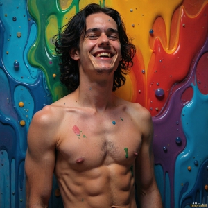 Paint Splat Fun - AI Photos of Hot men having fun with body paint. AI-generated abstract art featuring beautiful, handsome, sexy, shirtless, men, boys, lads, full of excitement joy and fun, covered in body paint, dynamic, interactive, Combining elements of realism with surreal abstract qualities, showcasing the potential of AI, in artistic expression. Photos of guys, just smiling, happy, and having a good time. Most of them are smiling because a paint bomb just blow up next to them, so I'm calling is Abstract Art. When paint attacks and makes people happy, it's Art!