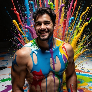 Paint Splat Fun - AI Photos of Hot men having fun with body paint. AI-generated abstract art featuring beautiful, handsome, sexy, shirtless, men, boys, lads, full of excitement joy and fun, covered in body paint, dynamic, interactive, Combining elements of realism with surreal abstract qualities, showcasing the potential of AI, in artistic expression. Photos of guys, just smiling, happy, and having a good time. Most of them are smiling because a paint bomb just blow up next to them, so I'm calling is Abstract Art. When paint attacks and makes people happy, it's Art!