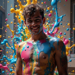 Paint Splat Fun - AI Photos of Hot men having fun with body paint. AI-generated abstract art featuring beautiful, handsome, sexy, shirtless, men, boys, lads, full of excitement joy and fun, covered in body paint, dynamic, interactive, Combining elements of realism with surreal abstract qualities, showcasing the potential of AI, in artistic expression. Photos of guys, just smiling, happy, and having a good time. Most of them are smiling because a paint bomb just blow up next to them, so I'm calling is Abstract Art. When paint attacks and makes people happy, it's Art!