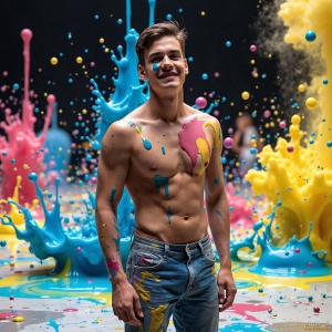 Paint Splat Fun - AI Photos of Hot men having fun with body paint. AI-generated abstract art featuring beautiful, handsome, sexy, shirtless, men, boys, lads, full of excitement joy and fun, covered in body paint, dynamic, interactive, Combining elements of realism with surreal abstract qualities, showcasing the potential of AI, in artistic expression. Photos of guys, just smiling, happy, and having a good time. Most of them are smiling because a paint bomb just blow up next to them, so I'm calling is Abstract Art. When paint attacks and makes people happy, it's Art!