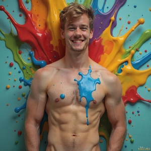 Paint Splat Fun - AI Photos of Hot men having fun with body paint. AI-generated abstract art featuring beautiful, handsome, sexy, shirtless, men, boys, lads, full of excitement joy and fun, covered in body paint, dynamic, interactive, Combining elements of realism with surreal abstract qualities, showcasing the potential of AI, in artistic expression. Photos of guys, just smiling, happy, and having a good time. Most of them are smiling because a paint bomb just blow up next to them, so I'm calling is Abstract Art. When paint attacks and makes people happy, it's Art!