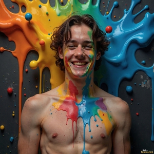 Paint Splat Fun - AI Photos of Hot men having fun with body paint. AI-generated abstract art featuring beautiful, handsome, sexy, shirtless, men, boys, lads, full of excitement joy and fun, covered in body paint, dynamic, interactive, Combining elements of realism with surreal abstract qualities, showcasing the potential of AI, in artistic expression. Photos of guys, just smiling, happy, and having a good time. Most of them are smiling because a paint bomb just blow up next to them, so I'm calling is Abstract Art. When paint attacks and makes people happy, it's Art!