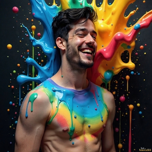Paint Splat Fun - AI Photos of Hot men having fun with body paint. AI-generated abstract art featuring beautiful, handsome, sexy, shirtless, men, boys, lads, full of excitement joy and fun, covered in body paint, dynamic, interactive, Combining elements of realism with surreal abstract qualities, showcasing the potential of AI, in artistic expression. Photos of guys, just smiling, happy, and having a good time. Most of them are smiling because a paint bomb just blow up next to them, so I'm calling is Abstract Art. When paint attacks and makes people happy, it's Art!