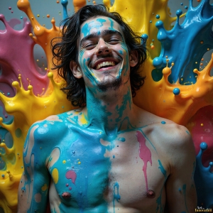 Paint Splat Fun - AI Photos of Hot men having fun with body paint. AI-generated abstract art featuring beautiful, handsome, sexy, shirtless, men, boys, lads, full of excitement joy and fun, covered in body paint, dynamic, interactive, Combining elements of realism with surreal abstract qualities, showcasing the potential of AI, in artistic expression. Photos of guys, just smiling, happy, and having a good time. Most of them are smiling because a paint bomb just blow up next to them, so I'm calling is Abstract Art. When paint attacks and makes people happy, it's Art!