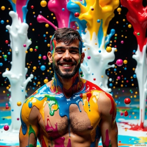 Paint Splat Fun - AI Photos of Hot men having fun with body paint. AI-generated abstract art featuring beautiful, handsome, sexy, shirtless, men, boys, lads, full of excitement joy and fun, covered in body paint, dynamic, interactive, Combining elements of realism with surreal abstract qualities, showcasing the potential of AI, in artistic expression. Photos of guys, just smiling, happy, and having a good time. Most of them are smiling because a paint bomb just blow up next to them, so I'm calling is Abstract Art. When paint attacks and makes people happy, it's Art!