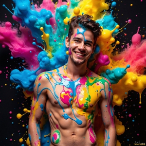 Paint Splat Fun - AI Photos of Hot men having fun with body paint. AI-generated abstract art featuring beautiful, handsome, sexy, shirtless, men, boys, lads, full of excitement joy and fun, covered in body paint, dynamic, interactive, Combining elements of realism with surreal abstract qualities, showcasing the potential of AI, in artistic expression. Photos of guys, just smiling, happy, and having a good time. Most of them are smiling because a paint bomb just blow up next to them, so I'm calling is Abstract Art. When paint attacks and makes people happy, it's Art!