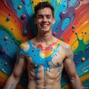 Paint Splat Fun - AI Photos of Hot men having fun with body paint. AI-generated abstract art featuring beautiful, handsome, sexy, shirtless, men, boys, lads, full of excitement joy and fun, covered in body paint, dynamic, interactive, Combining elements of realism with surreal abstract qualities, showcasing the potential of AI, in artistic expression. Photos of guys, just smiling, happy, and having a good time. Most of them are smiling because a paint bomb just blow up next to them, so I'm calling is Abstract Art. When paint attacks and makes people happy, it's Art!