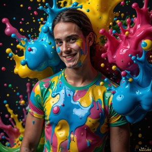 Paint Splat Fun - AI Photos of Hot men having fun with body paint. AI-generated abstract art featuring beautiful, handsome, sexy, shirtless, men, boys, lads, full of excitement joy and fun, covered in body paint, dynamic, interactive, Combining elements of realism with surreal abstract qualities, showcasing the potential of AI, in artistic expression. Photos of guys, just smiling, happy, and having a good time. Most of them are smiling because a paint bomb just blow up next to them, so I'm calling is Abstract Art. When paint attacks and makes people happy, it's Art!