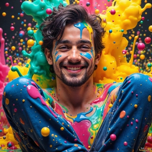 Paint Splat Fun - AI Photos of Hot men having fun with body paint. AI-generated abstract art featuring beautiful, handsome, sexy, shirtless, men, boys, lads, full of excitement joy and fun, covered in body paint, dynamic, interactive, Combining elements of realism with surreal abstract qualities, showcasing the potential of AI, in artistic expression. Photos of guys, just smiling, happy, and having a good time. Most of them are smiling because a paint bomb just blow up next to them, so I'm calling is Abstract Art. When paint attacks and makes people happy, it's Art!