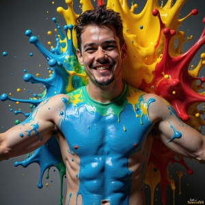 Paint Splat Fun - AI Photos of Hot men having fun with body paint. AI-generated abstract art featuring beautiful, handsome, sexy, shirtless, men, boys, lads, full of excitement joy and fun, covered in body paint, dynamic, interactive, Combining elements of realism with surreal abstract qualities, showcasing the potential of AI, in artistic expression. Photos of guys, just smiling, happy, and having a good time. Most of them are smiling because a paint bomb just blow up next to them, so I'm calling is Abstract Art. When paint attacks and makes people happy, it's Art!