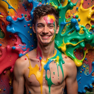 Paint Splat Fun - AI Photos of Hot men having fun with body paint. AI-generated abstract art featuring beautiful, handsome, sexy, shirtless, men, boys, lads, full of excitement joy and fun, covered in body paint, dynamic, interactive, Combining elements of realism with surreal abstract qualities, showcasing the potential of AI, in artistic expression. Photos of guys, just smiling, happy, and having a good time. Most of them are smiling because a paint bomb just blow up next to them, so I'm calling is Abstract Art. When paint attacks and makes people happy, it's Art!