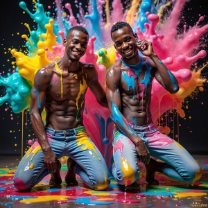 Paint Splat Fun - AI Photos of Hot men having fun with body paint. AI-generated abstract art featuring beautiful, handsome, sexy, shirtless, men, boys, lads, full of excitement joy and fun, covered in body paint, dynamic, interactive, Combining elements of realism with surreal abstract qualities, showcasing the potential of AI, in artistic expression. Photos of guys, just smiling, happy, and having a good time. Most of them are smiling because a paint bomb just blow up next to them, so I'm calling is Abstract Art. When paint attacks and makes people happy, it's Art!