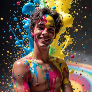 Paint Splat Fun - AI Photos of Hot men having fun with body paint. AI-generated abstract art featuring beautiful, handsome, sexy, shirtless, men, boys, lads, full of excitement joy and fun, covered in body paint, dynamic, interactive, Combining elements of realism with surreal abstract qualities, showcasing the potential of AI, in artistic expression. Photos of guys, just smiling, happy, and having a good time. Most of them are smiling because a paint bomb just blow up next to them, so I'm calling is Abstract Art. When paint attacks and makes people happy, it's Art!