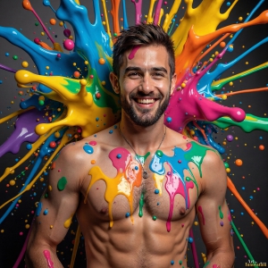 Paint Splat Fun - AI Photos of Hot men having fun with body paint. AI-generated abstract art featuring beautiful, handsome, sexy, shirtless, men, boys, lads, full of excitement joy and fun, covered in body paint, dynamic, interactive, Combining elements of realism with surreal abstract qualities, showcasing the potential of AI, in artistic expression. Photos of guys, just smiling, happy, and having a good time. Most of them are smiling because a paint bomb just blow up next to them, so I'm calling is Abstract Art. When paint attacks and makes people happy, it's Art!