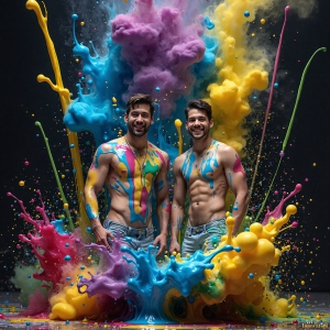 Paint Splat Fun - AI Photos of Hot men having fun with body paint. AI-generated abstract art featuring beautiful, handsome, sexy, shirtless, men, boys, lads, full of excitement joy and fun, covered in body paint, dynamic, interactive, Combining elements of realism with surreal abstract qualities, showcasing the potential of AI, in artistic expression. Photos of guys, just smiling, happy, and having a good time. Most of them are smiling because a paint bomb just blow up next to them, so I'm calling is Abstract Art. When paint attacks and makes people happy, it's Art!