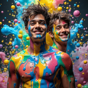 Paint Splat Fun - AI Photos of Hot men having fun with body paint. AI-generated abstract art featuring beautiful, handsome, sexy, shirtless, men, boys, lads, full of excitement joy and fun, covered in body paint, dynamic, interactive, Combining elements of realism with surreal abstract qualities, showcasing the potential of AI, in artistic expression. Photos of guys, just smiling, happy, and having a good time. Most of them are smiling because a paint bomb just blow up next to them, so I'm calling is Abstract Art. When paint attacks and makes people happy, it's Art!