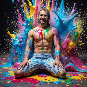 Paint Splat Fun - AI Photos of Hot men having fun with body paint. AI-generated abstract art featuring beautiful, handsome, sexy, shirtless, men, boys, lads, full of excitement joy and fun, covered in body paint, dynamic, interactive, Combining elements of realism with surreal abstract qualities, showcasing the potential of AI, in artistic expression. Photos of guys, just smiling, happy, and having a good time. Most of them are smiling because a paint bomb just blow up next to them, so I'm calling is Abstract Art. When paint attacks and makes people happy, it's Art!