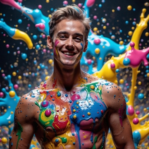 Paint Splat Fun - AI Photos of Hot men having fun with body paint. AI-generated abstract art featuring beautiful, handsome, sexy, shirtless, men, boys, lads, full of excitement joy and fun, covered in body paint, dynamic, interactive, Combining elements of realism with surreal abstract qualities, showcasing the potential of AI, in artistic expression. Photos of guys, just smiling, happy, and having a good time. Most of them are smiling because a paint bomb just blow up next to them, so I'm calling is Abstract Art. When paint attacks and makes people happy, it's Art!