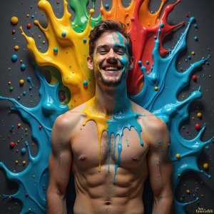 Paint Splat Fun - AI Photos of Hot men having fun with body paint. AI-generated abstract art featuring beautiful, handsome, sexy, shirtless, men, boys, lads, full of excitement joy and fun, covered in body paint, dynamic, interactive, Combining elements of realism with surreal abstract qualities, showcasing the potential of AI, in artistic expression. Photos of guys, just smiling, happy, and having a good time. Most of them are smiling because a paint bomb just blow up next to them, so I'm calling is Abstract Art. When paint attacks and makes people happy, it's Art!