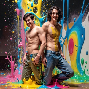 Paint Splat Fun - AI Photos of Hot men having fun with body paint. AI-generated abstract art featuring beautiful, handsome, sexy, shirtless, men, boys, lads, full of excitement joy and fun, covered in body paint, dynamic, interactive, Combining elements of realism with surreal abstract qualities, showcasing the potential of AI, in artistic expression. Photos of guys, just smiling, happy, and having a good time. Most of them are smiling because a paint bomb just blow up next to them, so I'm calling is Abstract Art. When paint attacks and makes people happy, it's Art!