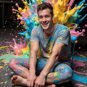 Paint Splat Fun - AI Photos of Hot men having fun with body paint. AI-generated abstract art featuring beautiful, handsome, sexy, shirtless, men, boys, lads, full of excitement joy and fun, covered in body paint, dynamic, interactive, Combining elements of realism with surreal abstract qualities, showcasing the potential of AI, in artistic expression. Photos of guys, just smiling, happy, and having a good time. Most of them are smiling because a paint bomb just blow up next to them, so I'm calling is Abstract Art. When paint attacks and makes people happy, it's Art!