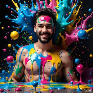 Paint Splat Fun - AI Photos of Hot men having fun with body paint. AI-generated abstract art featuring beautiful, handsome, sexy, shirtless, men, boys, lads, full of excitement joy and fun, covered in body paint, dynamic, interactive, Combining elements of realism with surreal abstract qualities, showcasing the potential of AI, in artistic expression. Photos of guys, just smiling, happy, and having a good time. Most of them are smiling because a paint bomb just blow up next to them, so I'm calling is Abstract Art. When paint attacks and makes people happy, it's Art!