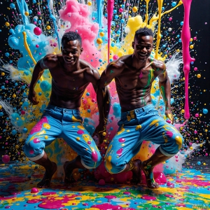 Paint Splat Fun - AI Photos of Hot men having fun with body paint. AI-generated abstract art featuring beautiful, handsome, sexy, shirtless, men, boys, lads, full of excitement joy and fun, covered in body paint, dynamic, interactive, Combining elements of realism with surreal abstract qualities, showcasing the potential of AI, in artistic expression. Photos of guys, just smiling, happy, and having a good time. Most of them are smiling because a paint bomb just blow up next to them, so I'm calling is Abstract Art. When paint attacks and makes people happy, it's Art!