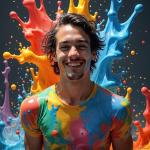 Paint Splat Fun - AI Photos of Hot men having fun with body paint. AI-generated abstract art featuring beautiful, handsome, sexy, shirtless, men, boys, lads, full of excitement joy and fun, covered in body paint, dynamic, interactive, Combining elements of realism with surreal abstract qualities, showcasing the potential of AI, in artistic expression. Photos of guys, just smiling, happy, and having a good time. Most of them are smiling because a paint bomb just blow up next to them, so I'm calling is Abstract Art. When paint attacks and makes people happy, it's Art!