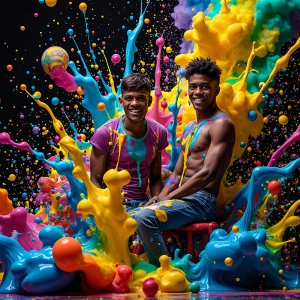 Paint Splat Fun - AI Photos of Hot men having fun with body paint. AI-generated abstract art featuring beautiful, handsome, sexy, shirtless, men, boys, lads, full of excitement joy and fun, covered in body paint, dynamic, interactive, Combining elements of realism with surreal abstract qualities, showcasing the potential of AI, in artistic expression. Photos of guys, just smiling, happy, and having a good time. Most of them are smiling because a paint bomb just blow up next to them, so I'm calling is Abstract Art. When paint attacks and makes people happy, it's Art!