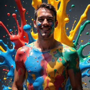 Paint Splat Fun - AI Photos of Hot men having fun with body paint. AI-generated abstract art featuring beautiful, handsome, sexy, shirtless, men, boys, lads, full of excitement joy and fun, covered in body paint, dynamic, interactive, Combining elements of realism with surreal abstract qualities, showcasing the potential of AI, in artistic expression. Photos of guys, just smiling, happy, and having a good time. Most of them are smiling because a paint bomb just blow up next to them, so I'm calling is Abstract Art. When paint attacks and makes people happy, it's Art!