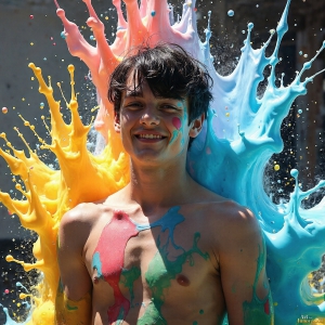 Paint Splat Fun - AI Photos of Hot men having fun with body paint. AI-generated abstract art featuring beautiful, handsome, sexy, shirtless, men, boys, lads, full of excitement joy and fun, covered in body paint, dynamic, interactive, Combining elements of realism with surreal abstract qualities, showcasing the potential of AI, in artistic expression. Photos of guys, just smiling, happy, and having a good time. Most of them are smiling because a paint bomb just blow up next to them, so I'm calling is Abstract Art. When paint attacks and makes people happy, it's Art!