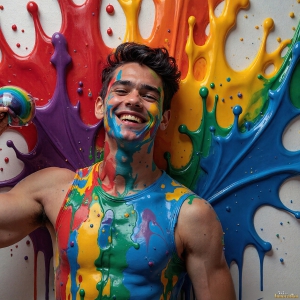 Paint Splat Fun - AI Photos of Hot men having fun with body paint. AI-generated abstract art featuring beautiful, handsome, sexy, shirtless, men, boys, lads, full of excitement joy and fun, covered in body paint, dynamic, interactive, Combining elements of realism with surreal abstract qualities, showcasing the potential of AI, in artistic expression. Photos of guys, just smiling, happy, and having a good time. Most of them are smiling because a paint bomb just blow up next to them, so I'm calling is Abstract Art. When paint attacks and makes people happy, it's Art!