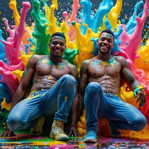Paint Splat Fun - AI Photos of Hot men having fun with body paint. AI-generated abstract art featuring beautiful, handsome, sexy, shirtless, men, boys, lads, full of excitement joy and fun, covered in body paint, dynamic, interactive, Combining elements of realism with surreal abstract qualities, showcasing the potential of AI, in artistic expression. Photos of guys, just smiling, happy, and having a good time. Most of them are smiling because a paint bomb just blow up next to them, so I'm calling is Abstract Art. When paint attacks and makes people happy, it's Art!