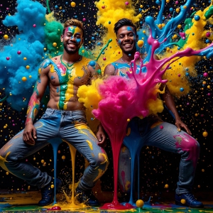 Paint Splat Fun - AI Photos of Hot men having fun with body paint. AI-generated abstract art featuring beautiful, handsome, sexy, shirtless, men, boys, lads, full of excitement joy and fun, covered in body paint, dynamic, interactive, Combining elements of realism with surreal abstract qualities, showcasing the potential of AI, in artistic expression. Photos of guys, just smiling, happy, and having a good time. Most of them are smiling because a paint bomb just blow up next to them, so I'm calling is Abstract Art. When paint attacks and makes people happy, it's Art!