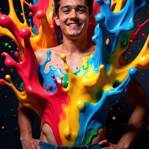 Paint Splat Fun - AI Photos of Hot men having fun with body paint. AI-generated abstract art featuring beautiful, handsome, sexy, shirtless, men, boys, lads, full of excitement joy and fun, covered in body paint, dynamic, interactive, Combining elements of realism with surreal abstract qualities, showcasing the potential of AI, in artistic expression. Photos of guys, just smiling, happy, and having a good time. Most of them are smiling because a paint bomb just blow up next to them, so I'm calling is Abstract Art. When paint attacks and makes people happy, it's Art!