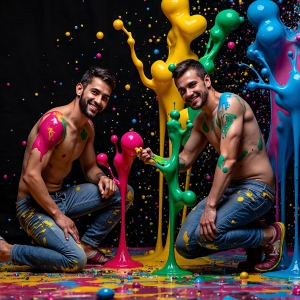 Paint Splat Fun - AI Photos of Hot men having fun with body paint. AI-generated abstract art featuring beautiful, handsome, sexy, shirtless, men, boys, lads, full of excitement joy and fun, covered in body paint, dynamic, interactive, Combining elements of realism with surreal abstract qualities, showcasing the potential of AI, in artistic expression. Photos of guys, just smiling, happy, and having a good time. Most of them are smiling because a paint bomb just blow up next to them, so I'm calling is Abstract Art. When paint attacks and makes people happy, it's Art!